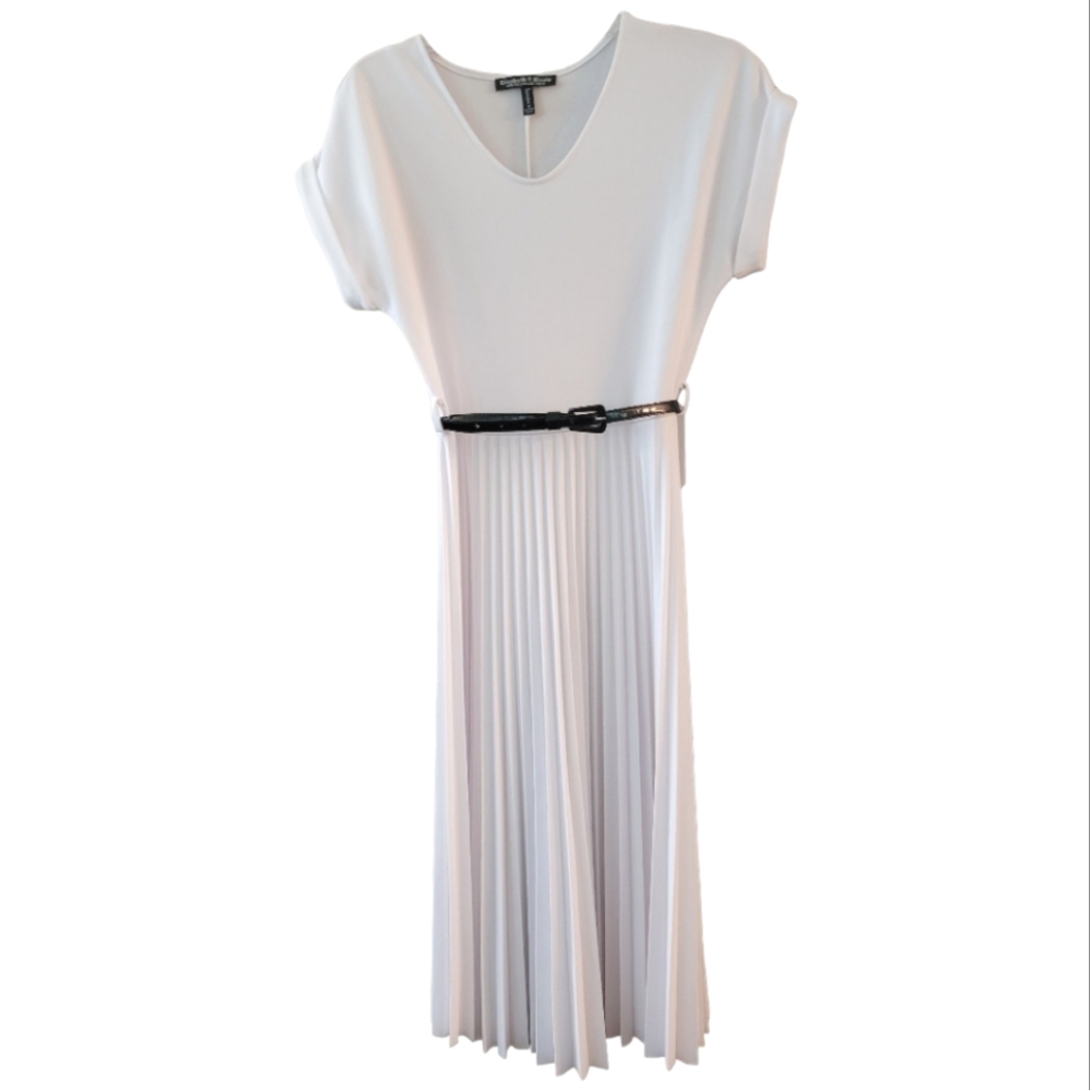 Elizabeth & Nicole White V-Neck Pleated Midi Dress - Size S